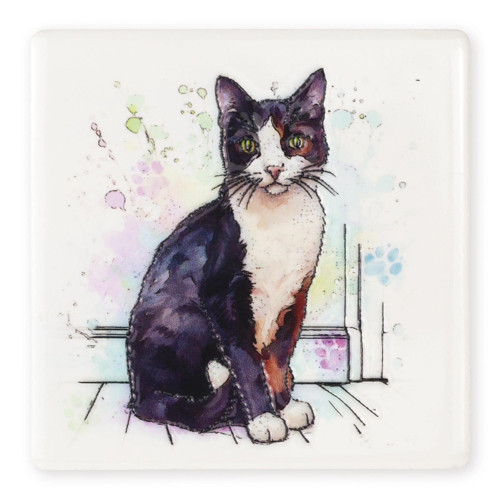 Black & White Cat Ceramic Art Coaster - Art of Arora from thetraditionalgiftshop.live