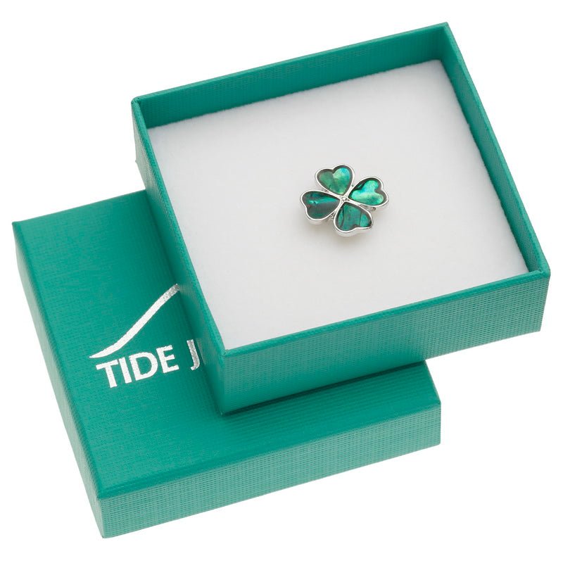 Green Four Leaf Clover Paua Shell Pin Badge - Tide Jewellery from thetraditionalgiftshop.live