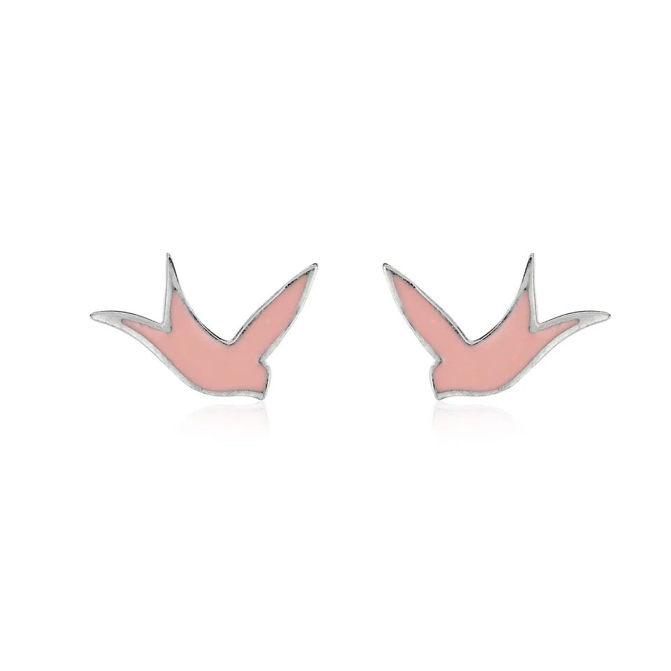 Pink Bird Stud Earrings (Silver Plated) - Coral & Mint from thetraditionalgiftshop.live