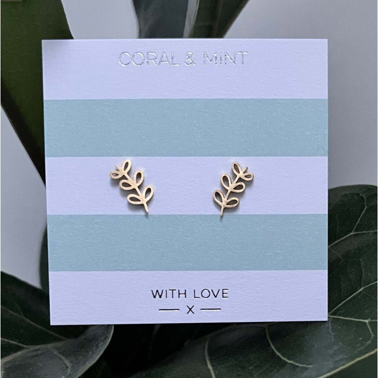 Leaf Stem Stud Earrings (Gold Plated) - Coral & Mint from thetraditionalgiftshop.live