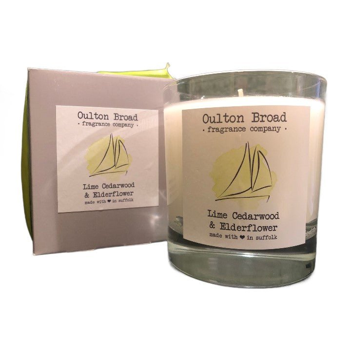 Lime, Cedarwood & Elderflower Glass Jar Candle - Oulton Broad Fragrance Company from thetraditionalgiftshop.live