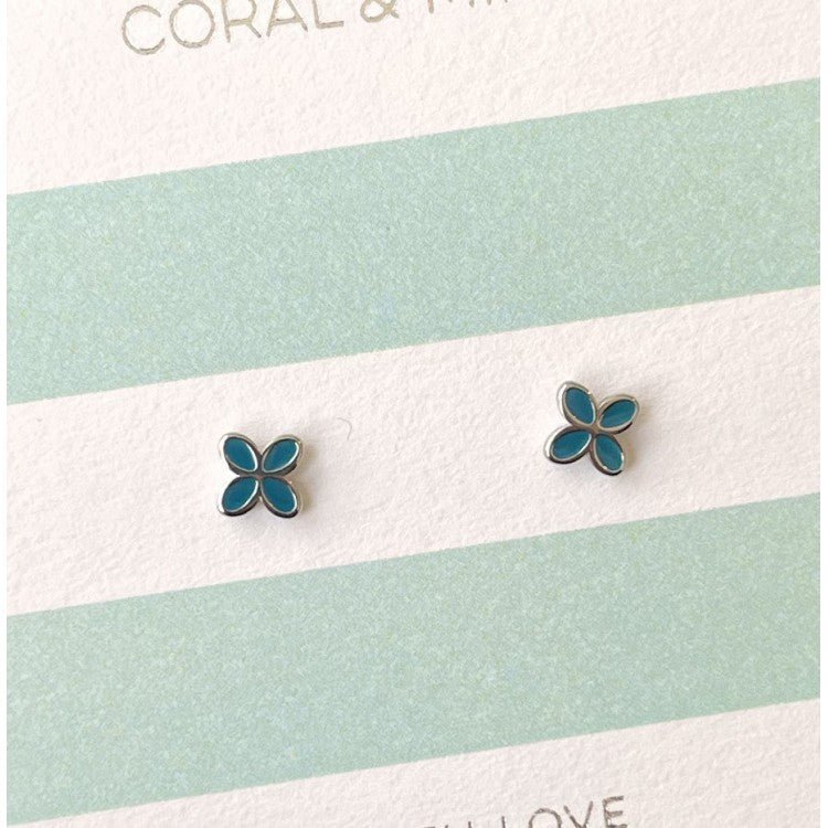 Petrol Blue Geo Flower Stud Earrings (Silver Plated) - Coral & Mint from thetraditionalgiftshop.live