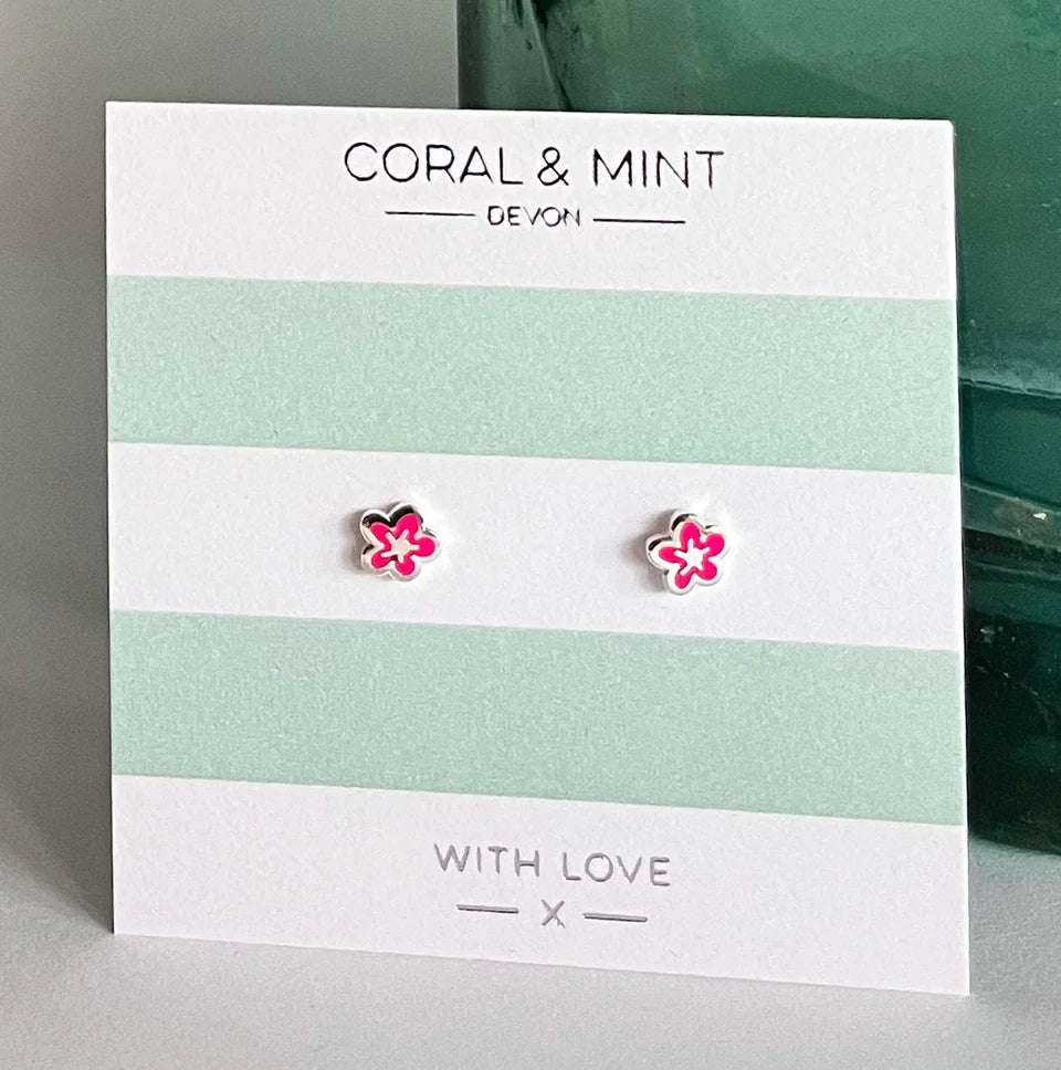 Pink Flower Stud Earrings (Silver Plated) - Coral & Mint from thetraditionalgiftshop.live