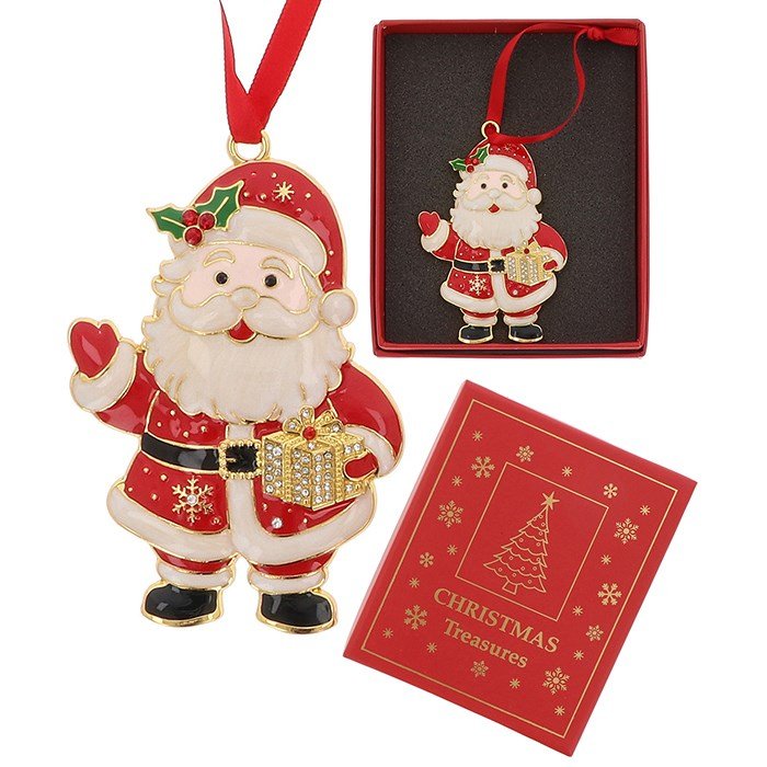 Santa with Present Metal & Enamel Xmas Treasures Tree Decoration - Xmas Treasures from thetraditionalgiftshop.live
