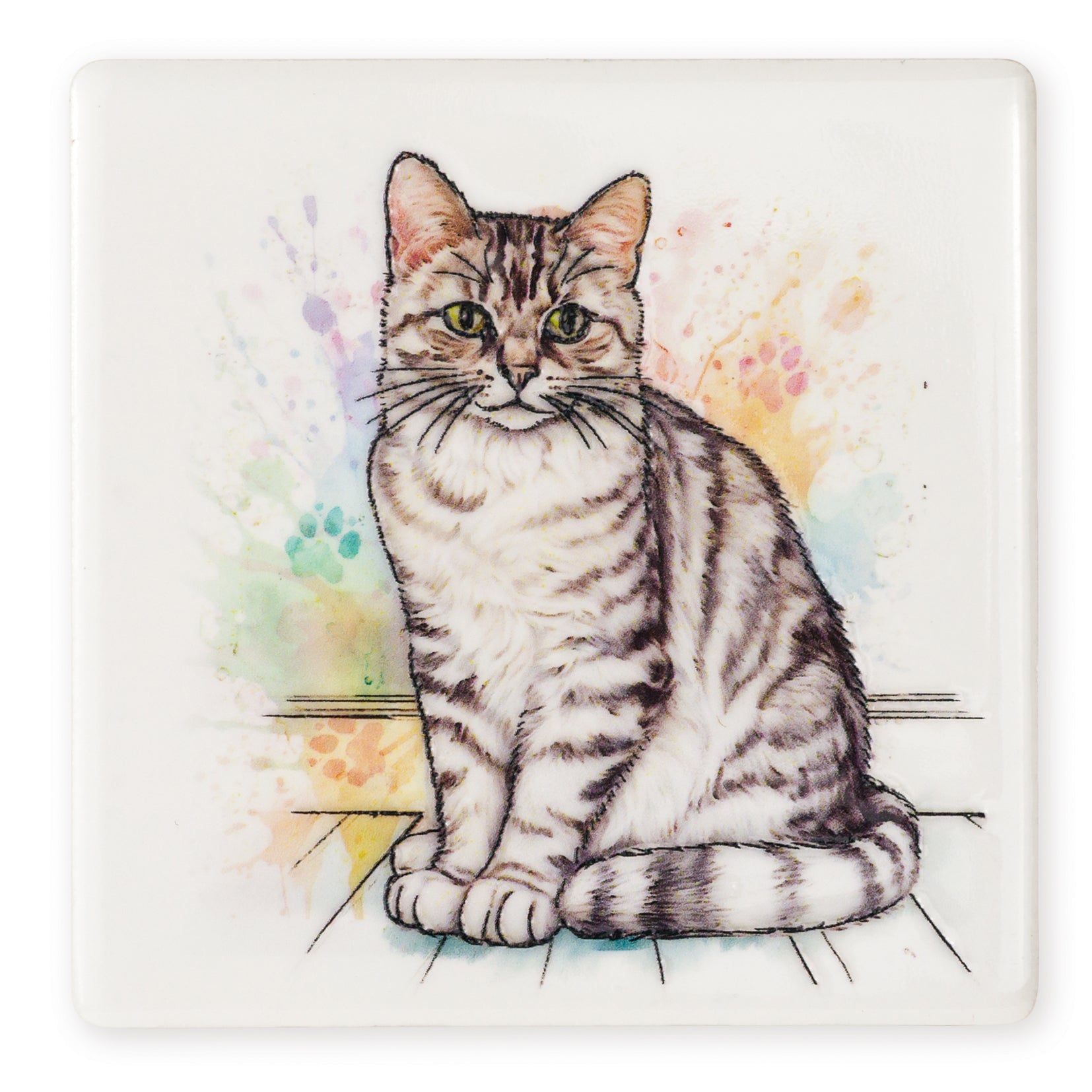Silver Tabby Cat Ceramic Art Coaster - Art of Arora from thetraditionalgiftshop.live