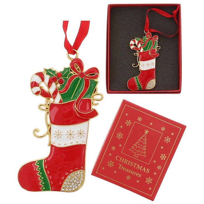 Stocking with Gifts Metal & Enamel Xmas Treasures Tree Decoration - Xmas Treasures from thetraditionalgiftshop.live