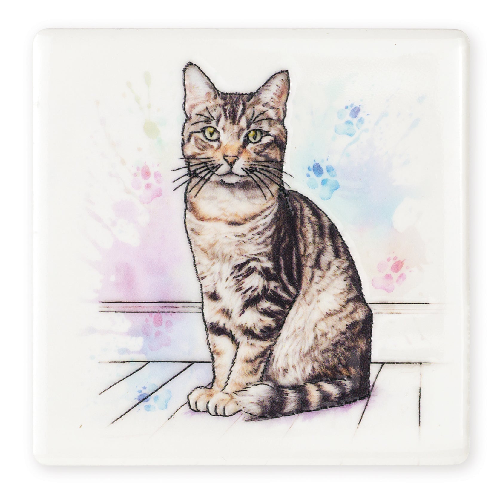 Tabby Cat Ceramic Art Coaster - Art of Arora from thetraditionalgiftshop.live