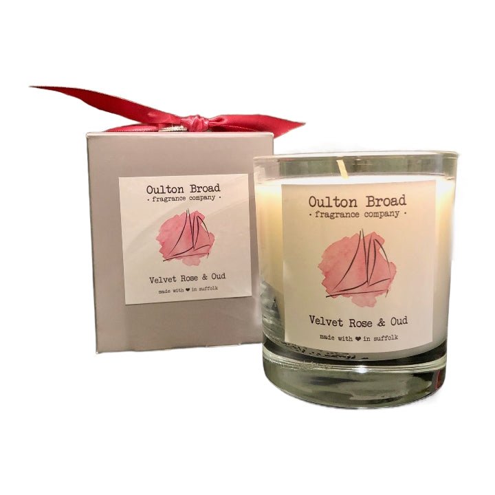 Velvet Rose & Oud Glass Jar Candle - Oulton Broad Fragrance Company from thetraditionalgiftshop.live